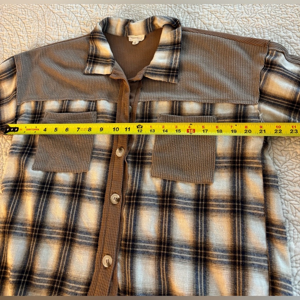 Cozy Patchwork Corduroy Flannel Button Down Shirt. Fringed Hem. Plaid